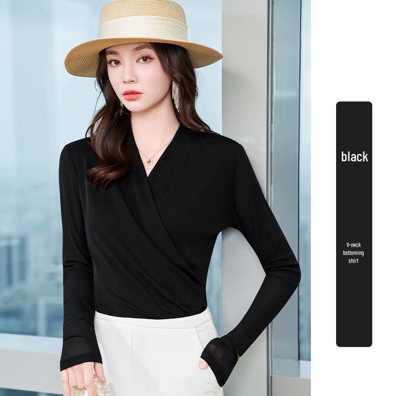 2025 Autumn Korean Style Long-Sleeve V-Neck Mesh Top for Women