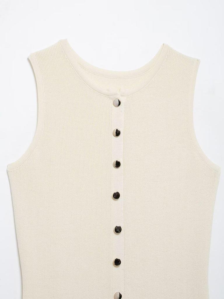 2025 Spring Women's European & American Slim Knit Sleeveless Single-Breasted High-Waisted Dress