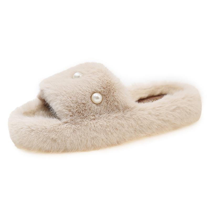 

Pearl fluffy slippers women s 2025 autumn and winter new Korean version thick-soled outer wear fashion home cross-toed cotton slippers 35