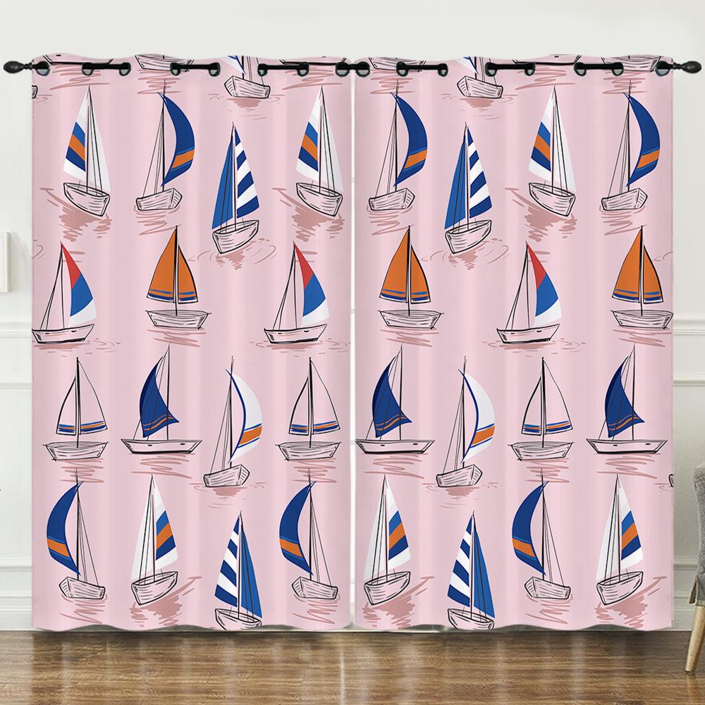 Curtains Cartoon Sailing Digital Printing Blackout Curtains Bedroom No Punching