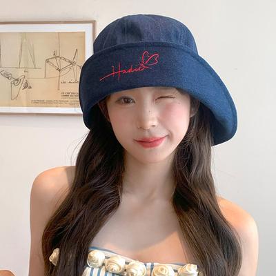 Korean Retro Letter Embroidered Ribbon Denim Fisherman Hat Big Brim Sun Protection Sun Hat Women Summer