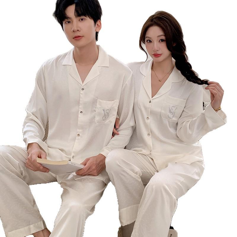 Pyjama-Set aus Eisseide: Luxuriöse Damen- und Herren-Langarm- und Hosen mit Jacquard-Design für Frühling und Herbst