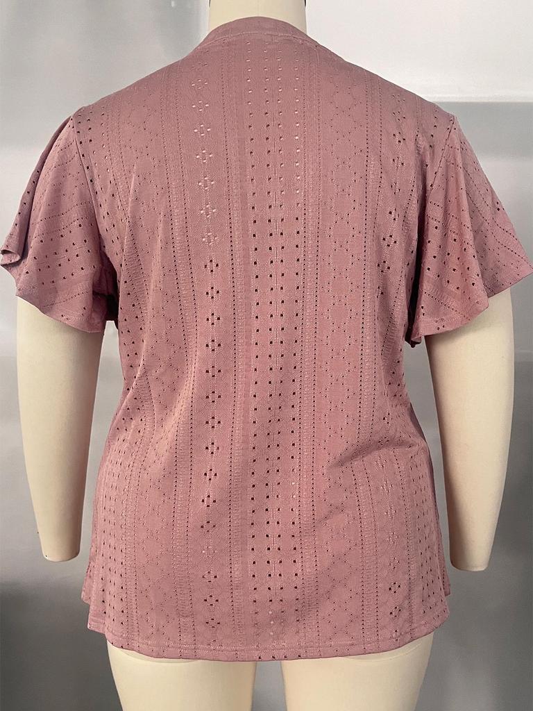 2024 Summer Women's Plus Size V-Neck Batwing Sleeve Hollow Breathable T-Shirt