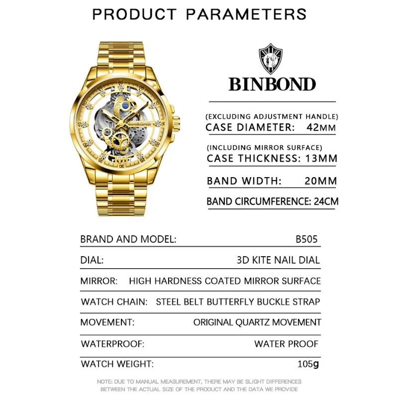 BINBOND Neue Herrenuhr, authentischer Luxus, trendige, ausgehöhlte, leuchtende, wasserdichte Quarzuhr aus Edelstahl/Leder