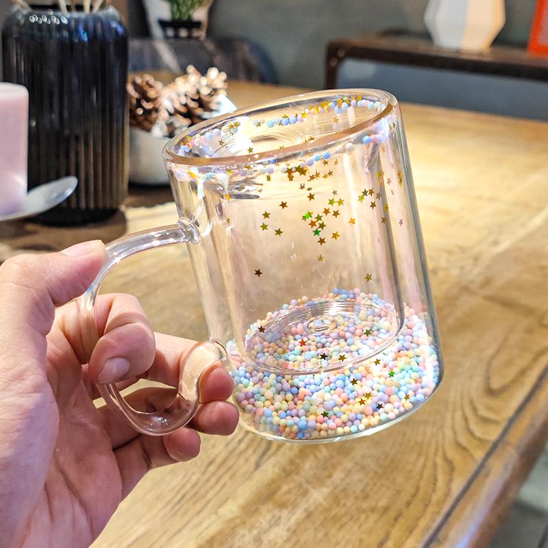 

Heat Resistant Girl Heart Quicksand Double Glass Mug with Anti-Scald Handle Sparkling Bubble Ball Couple Gift Small
