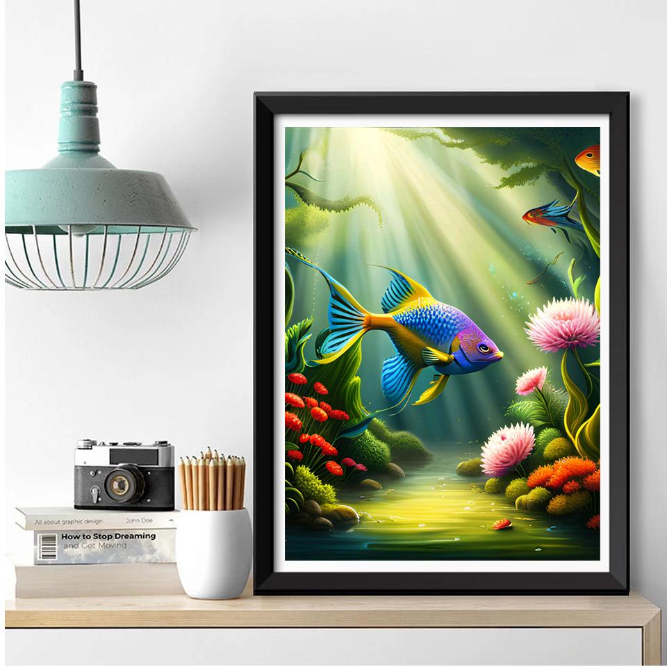 5D Pond Fish DIY Diamond Painted Fish Mosaic Art Diamond Embroidery Kit Handmade Inlaid Home Decoratio