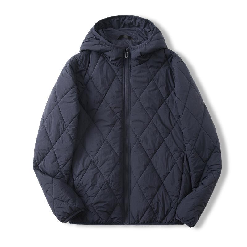 Men's Hooded Cotton Jacket with Mulberry Silk, Diamond Pattern, Winter Casual Outerwear.