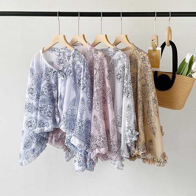 Thin Print Sunscreen Shawl Women Summer Uv Protection Riding Sunscreen Cloak Lady Poncho Capes Black