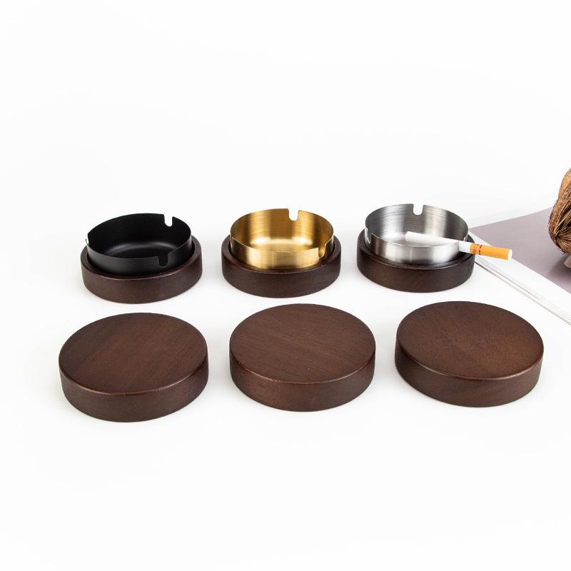 Walnut Wood Ashtray with Lid - Stainless Steel, High-End Design for Home or Office Use, Anti-Ash Flying