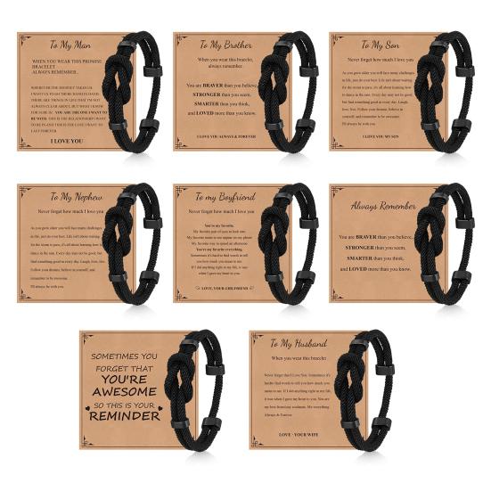 Yousheng Adjustable Men Rope Bracelet Infinity Knot Bracelet Simple Black Rope Bracelet with Card Gift for Husband Boyfriend Brother