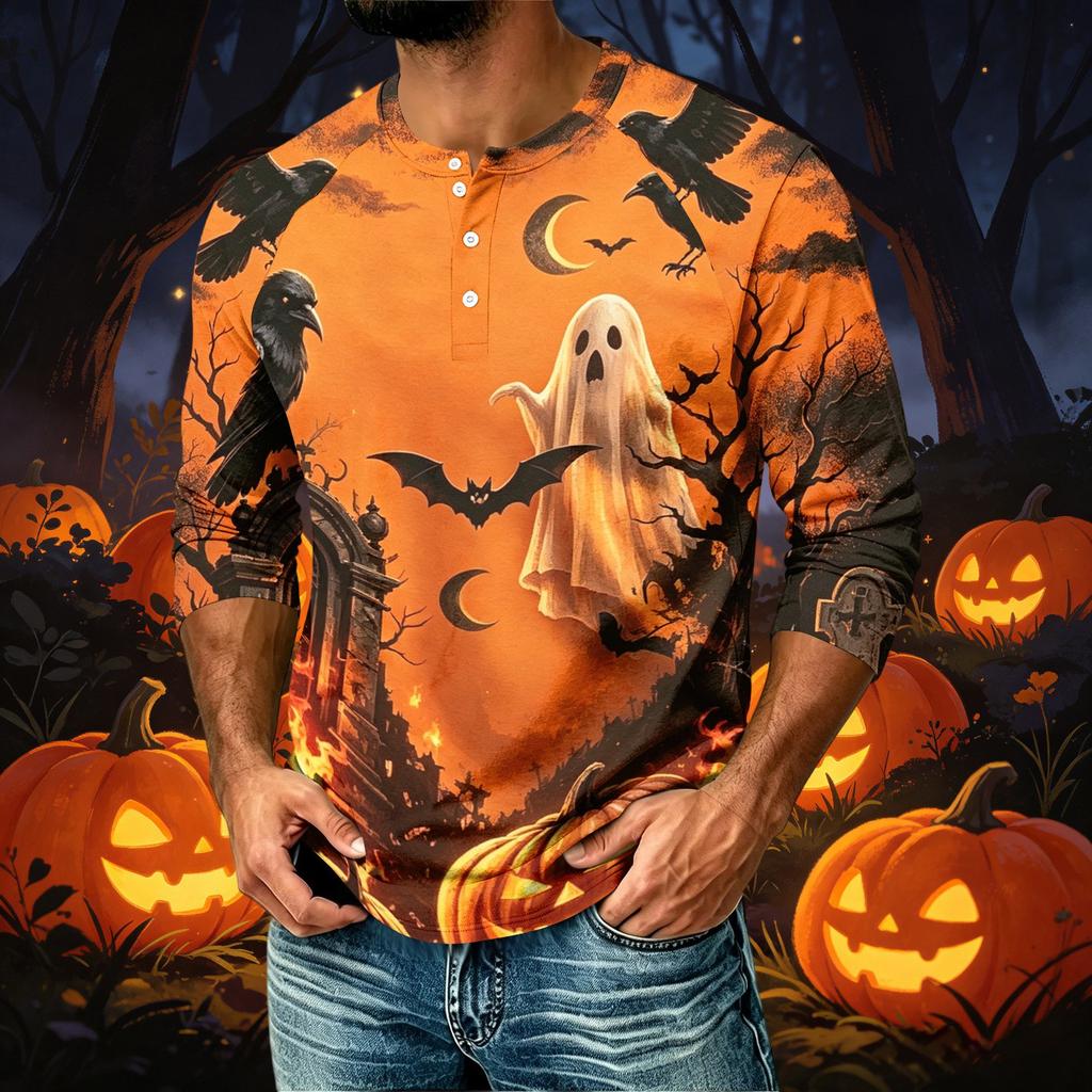 Men's Casual Shirt with Raglan Three-Quarter Sleeve, Halloween Graphic Print