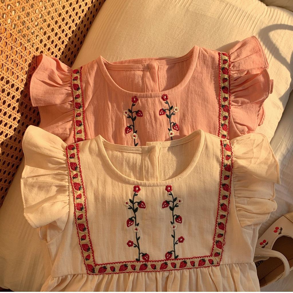 Girls Summer Strawberry Embroidered Dress Sweet Round Neck Flutter Sleeve Baby Dress Cute Casual Party Outfit For Kids