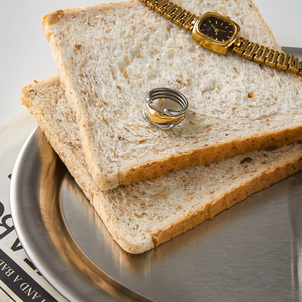 Youthway Fashionable Color-Block Design Smooth Irregular Ring Stainless Steel  Gold Color Multi-Layer Women'S Waterproof Ring