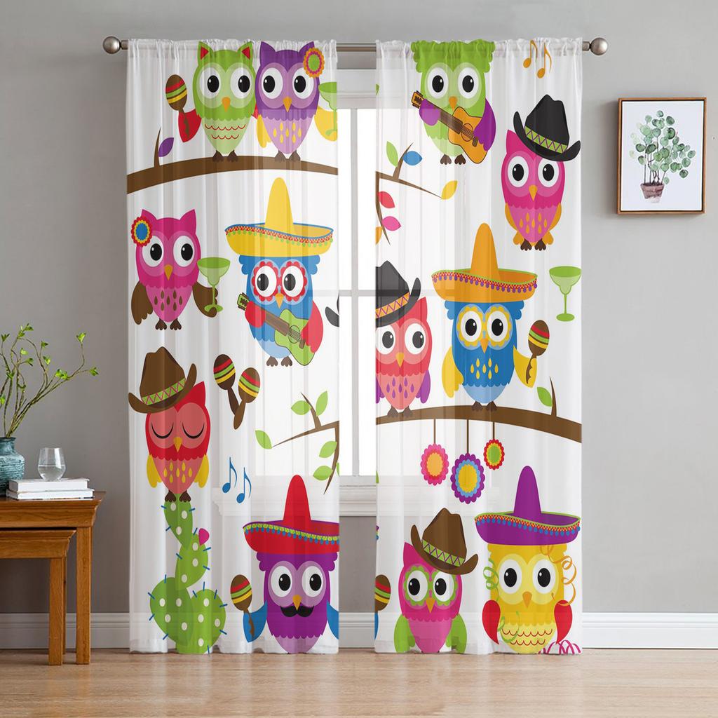 Colorful Owl Cactus Music Guitar Chiffon Sheer Curtains for Living Room Bedroom Home Decor Window Voile Tulle Curtain Drapes