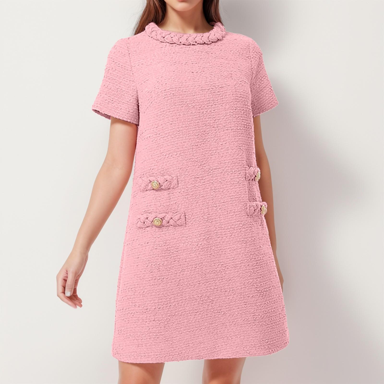 

Жіночі солодкі короткі сукні елегантний твідовий суцільний колір ґудзики вгору пуловер міді сукня офіс леді короткі формальні сукні M рожевий