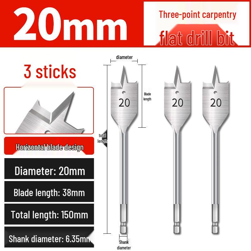 Hex Shank Flat Drill Set for Woodworking: 3-Point Blade for Lock Hole & Drawer Door Enlarging