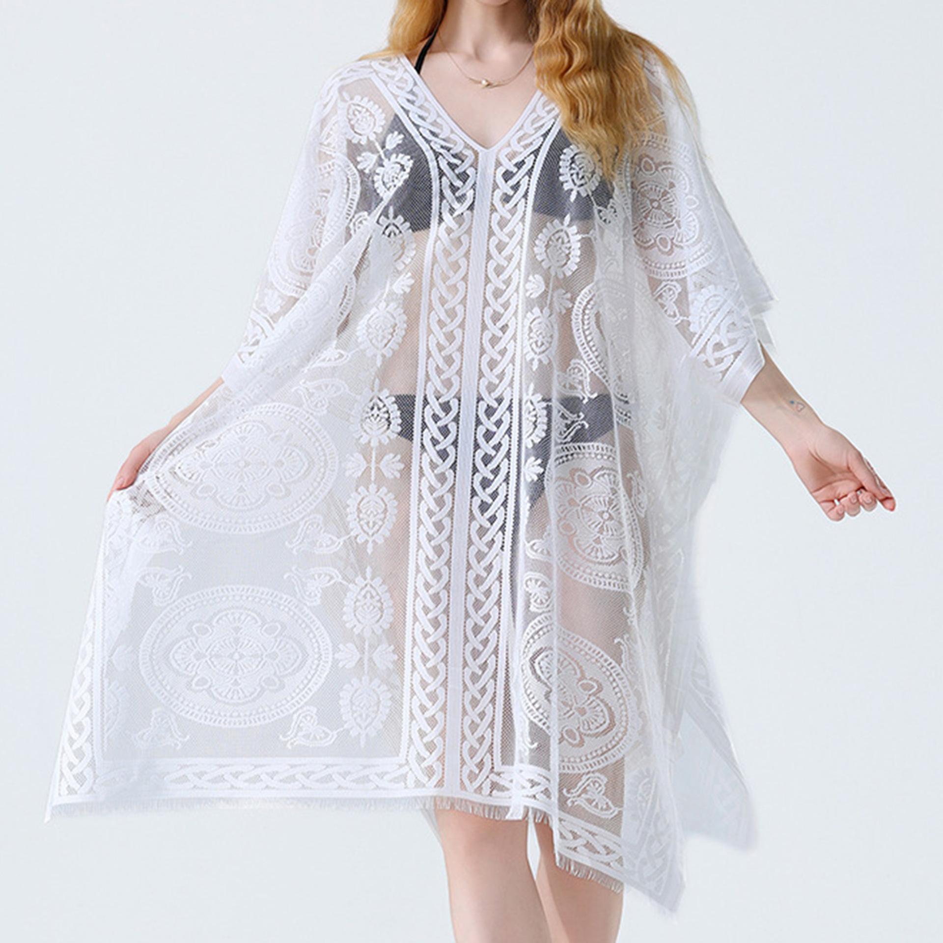 Пляжное платье-накидка кружевная белая сексуальная длинная накидка женская купальник бикини туника длинные парео халат пляжная одежда наряд
