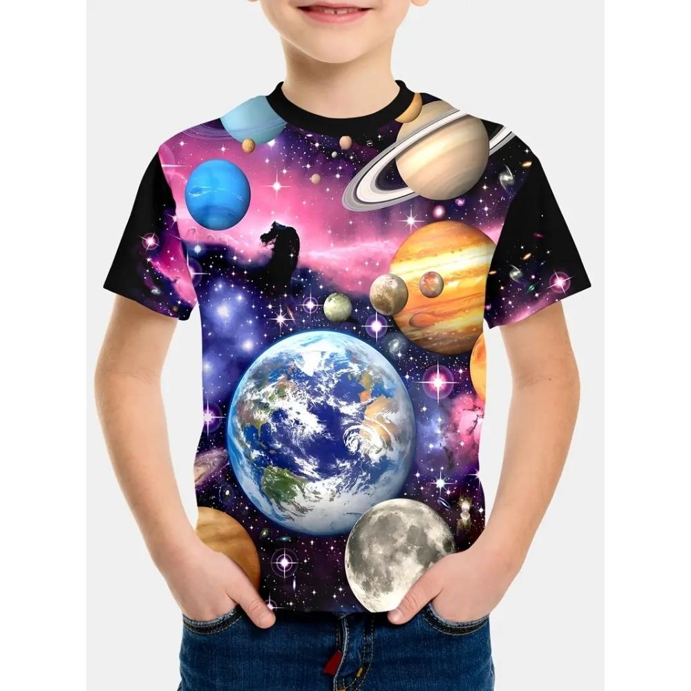Children's clothing, boys' breathable and suitable T-shirt, 3D printed space pattern short sleeved shirt, boys' summer fashion, cool round neck top