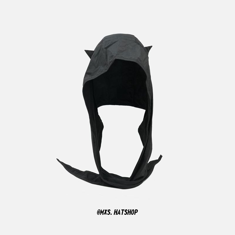 Little Devil Lace-up Pullover Hat Solid Color Y2K Shawl Hat Quick-drying Funny Ear protection Scarf Cap Summer