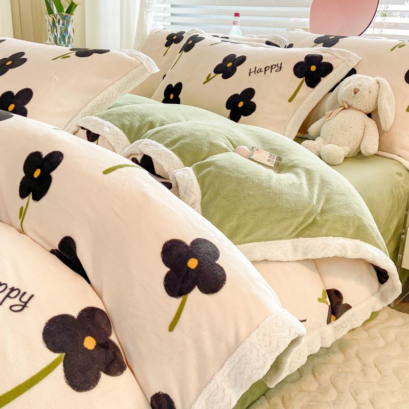 Retro pastoralny styl mleczny czteroczęściowy prześcieradło poszwa na kołdrę pogrubiony ciepły pokrowiec na kołdrę na łóżko koralowy aksamit zimowy trzyczęściowy zestaw