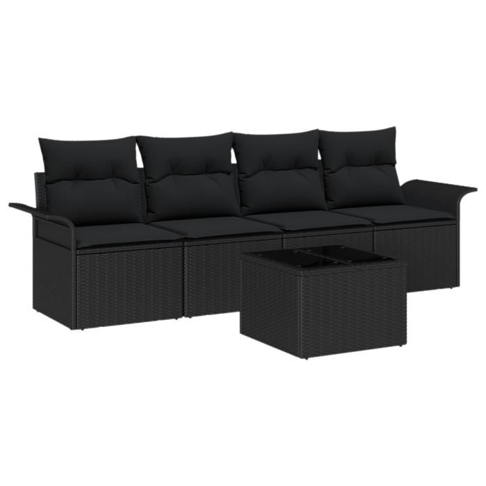 Ensemble de canapé de jardin 5 pièces avec coussins Noir Poly Rotin, Canapé de jardin 2 places avec rangement et coussins 3353902