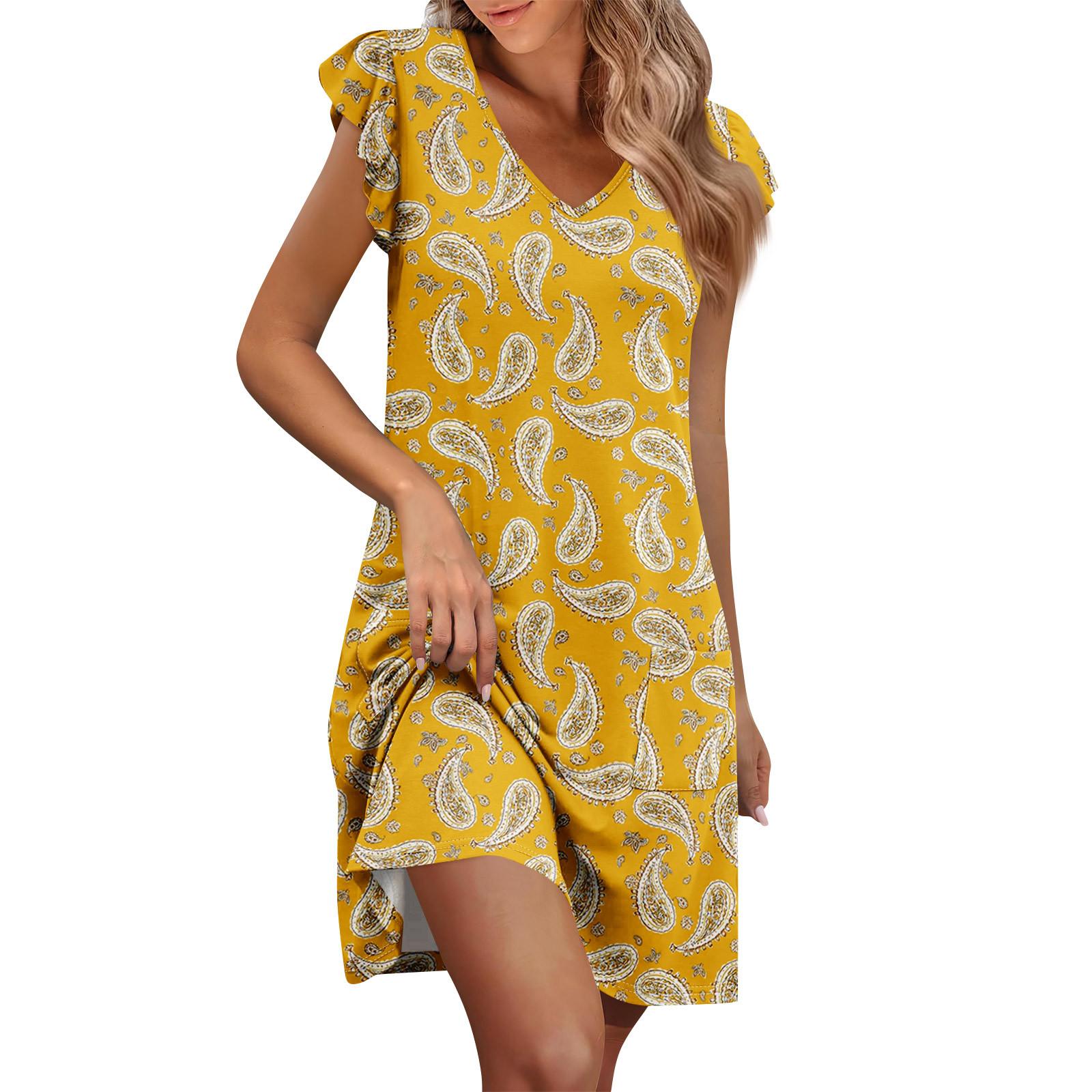 

Womens Summer Dress Ruffle Sleeve V Neck Short Dresses Fashion Casual Flowy A Line Swing Sundress With Pocket XL жовтий