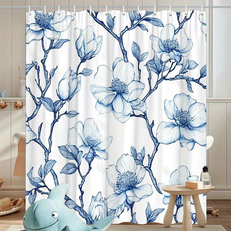 1pc Blue Magnolia Flower Shower Curtain - Polyester Fabric, Machine Washable, Suitable for Bathroom Hotel Decoration