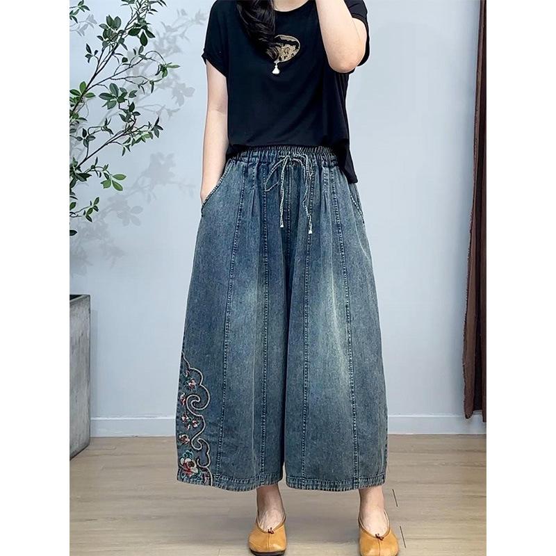 Summer Embroidered Jeans Wide Leg Pants for Women Elastic Waist Loose Casual Cropped Pants