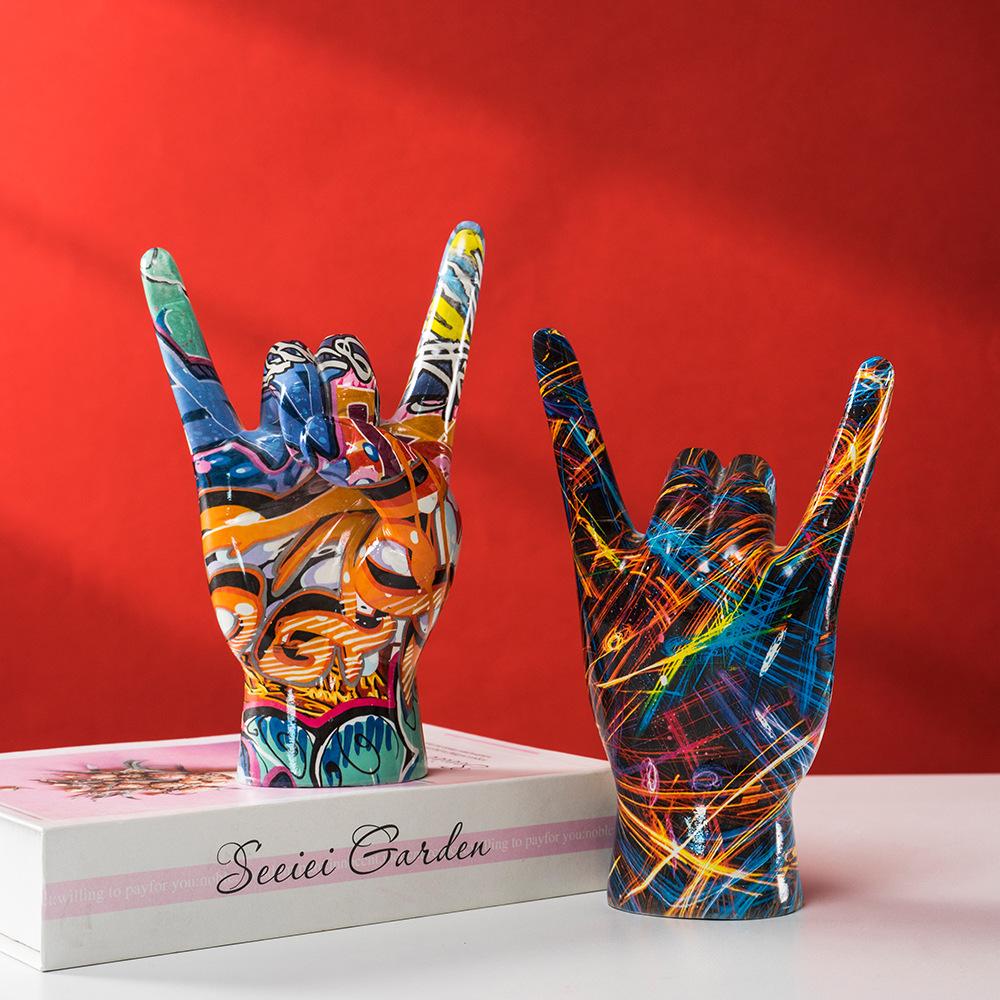 Graffiti Rock On Hand Statue 19cm Modern Pop Art Hand Painted Resin Sculpture Home Decor Gift