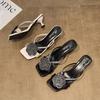 Fashion Diamond-shaped Camellia High-heeled Flip-flops for Women To Wear in Summer, Square-toed Thin Heels