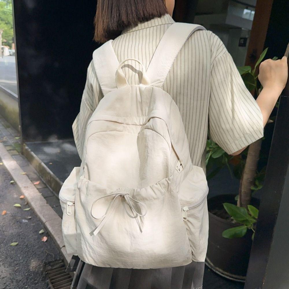 New Design Nylon Lightweight Backpack Solid Color Travel Shoulders Bag Bow Wrinkle Backpack Women