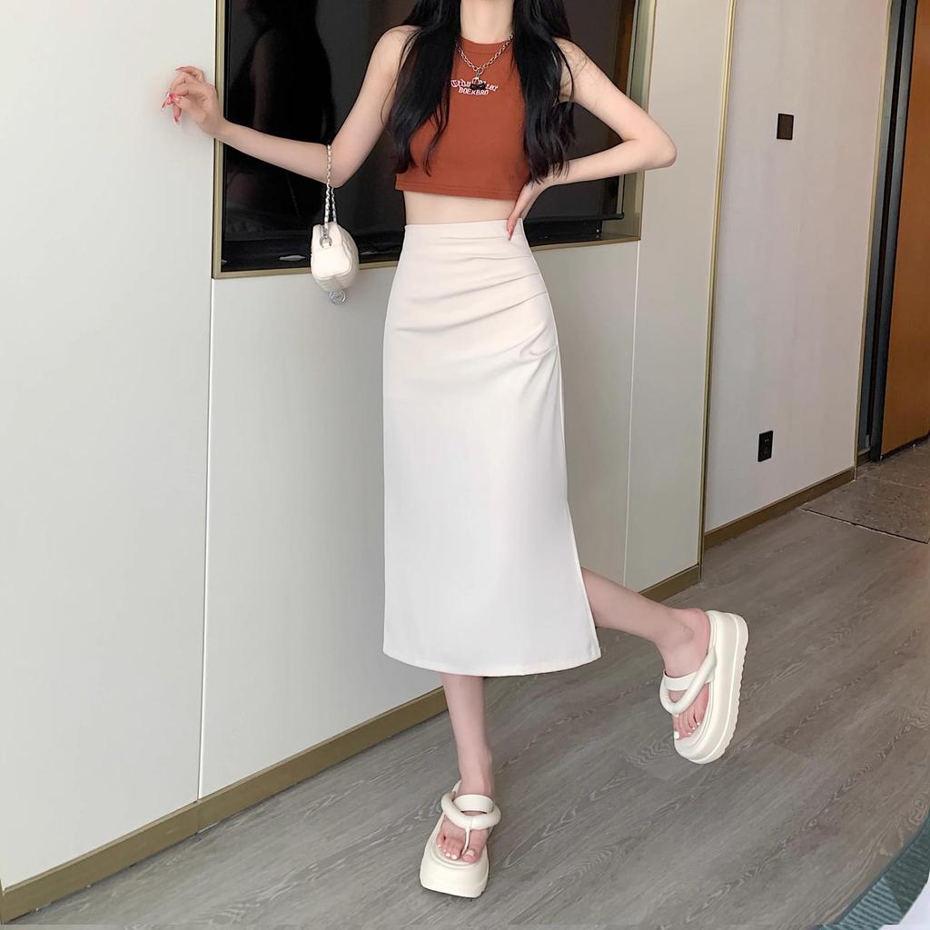 2024 Women's High Waist Pleated A-line Midi Skirt with Slit