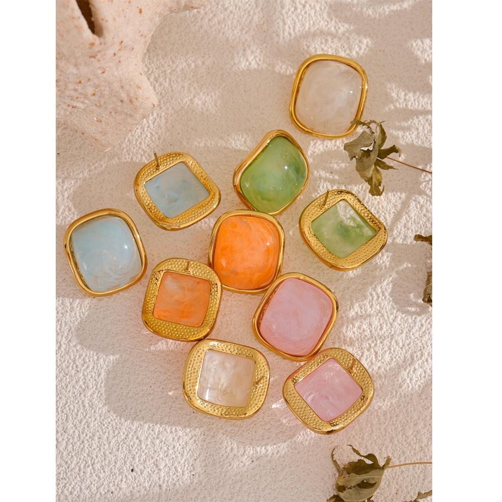 Yhpup Y2K Bunte Harz-Quadrat-Gold-Steckohrringe Damen Sommer Edelstahl 18 Karat Vergoldet Süßigkeit Charme Schmuck Wasserdicht