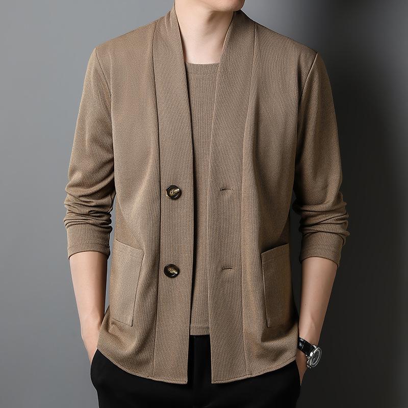 

Весенне-осенний комплект из двух предметов с лацканами, кардиган с длинными рукавами, мужская футболка, красивая газовая рубашка в корейском стиле, персонализированная мужская модная куртка XXXXL