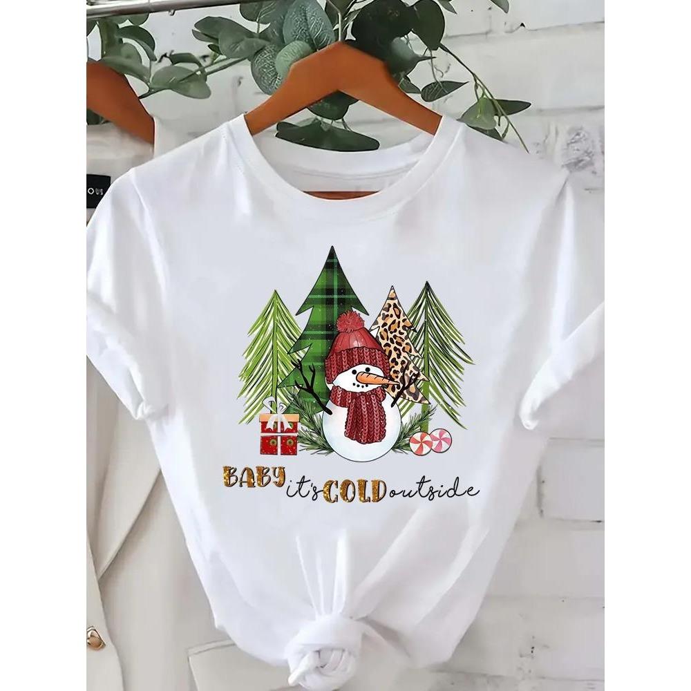 Printed Fashion New Year Women's T-shirt Top Merry Christmas Clothing Coffee Love Cute Holiday Pattern Round Neck Short Sleeve