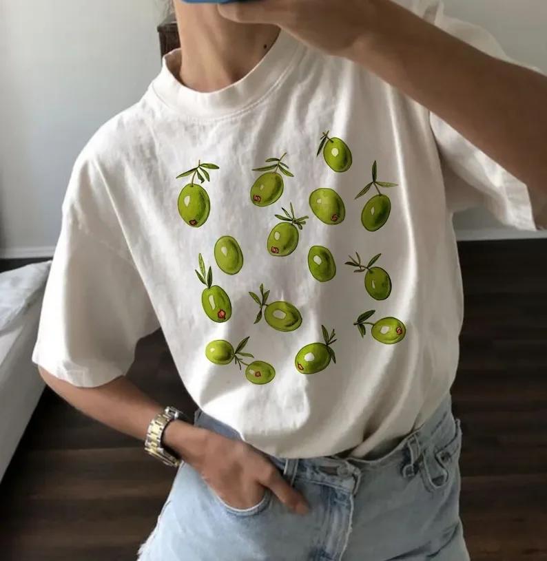 

Ins Olive Graphic Tshirts Funny Women Cotton Short Sleeve Shirt Y2k Streetwear Summer Casual Creative Female Tops Tees Oversize S