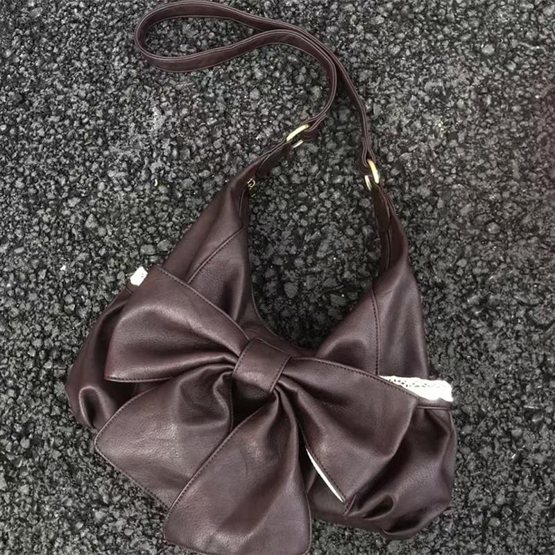 Bow-knot Lace Shoulder Bag Vintage Coffee-colored Large Capacity Handbag Y2k Hot Girl Bag Student Commuting Casual Crossbody Bag