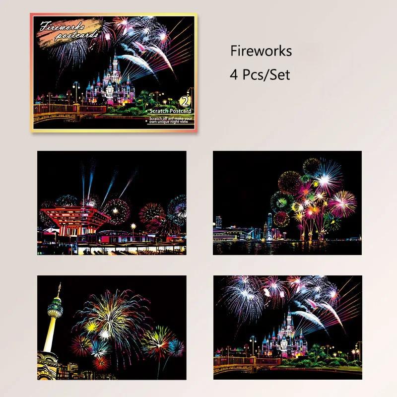 4-teiliges Set A5 DIY-Kratzmalerei Feuerwerk Kirschblüten Klassische Gebäude Landschaft Tiere Kratzmalerei Zeichenspielzeug