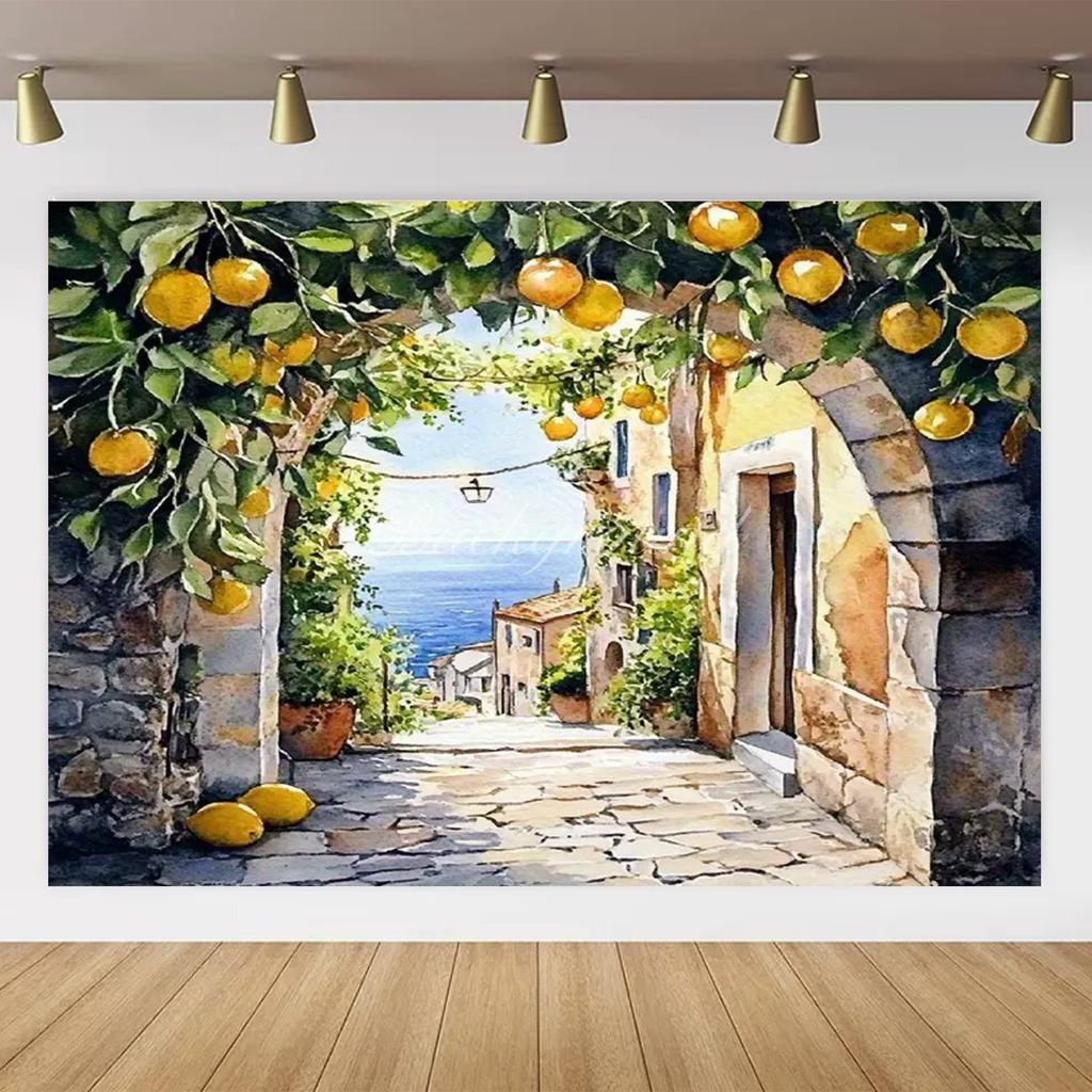 Banner Background with Lemon Tree Harvest Theme and Mediterranean Landscape Garden, Anniversary Room Decoration, Photo Backdrop