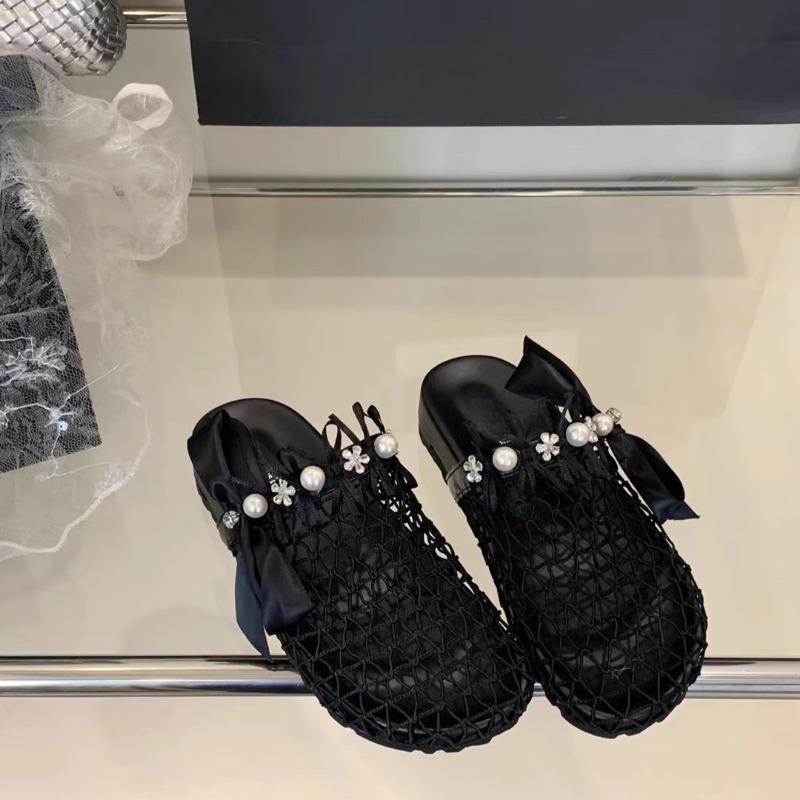 Fashion Baotou Slippers Summer New Net Cloth Round Head Hollow Pearl Flowers Butterfly Knot Soft Sole Non-slip Flat Shoes