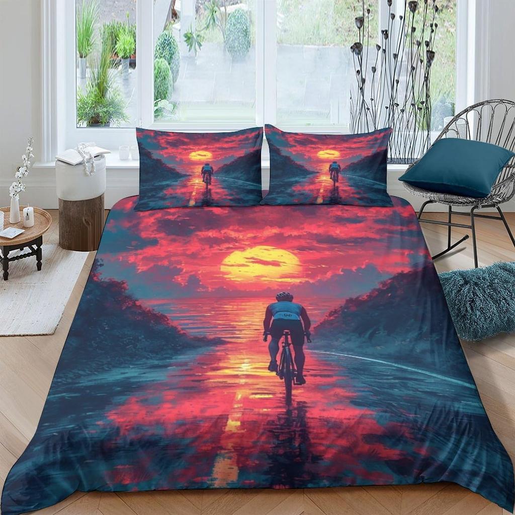 Bicycle Rider Duvet Cover Toddler Size For KidsMountain Bike Bedding Set For Teens AdultsWatercolor Quilt Cover