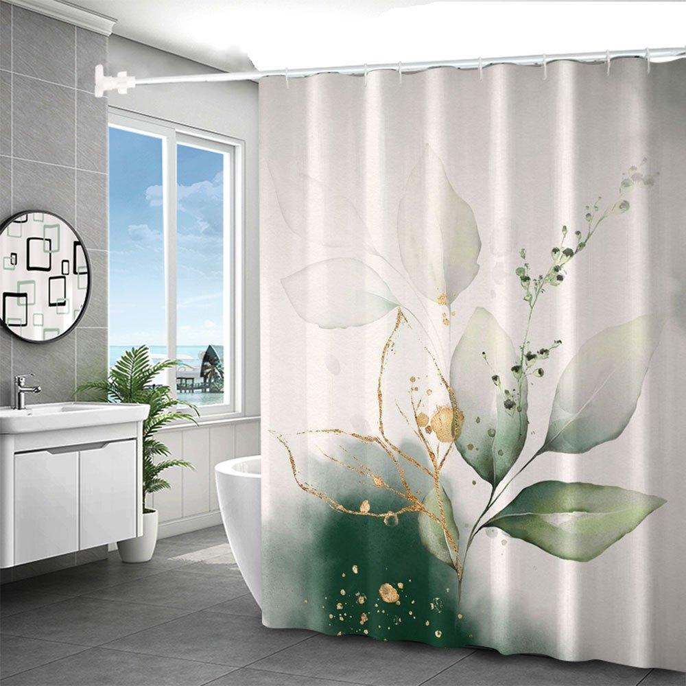 

1pc Polyester Shower Curtain - Green Floral Print, White Background, Gold Accents & Dots, No-Drill Hooks, Hand Wash W90XH180cm