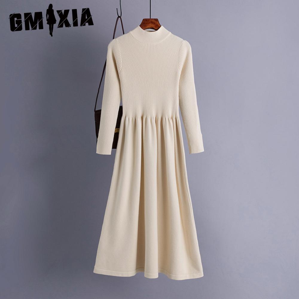 GMXIA Moda dama primavara toamna imprimeu culoare solida maneca lunga talie inalta rochii casual