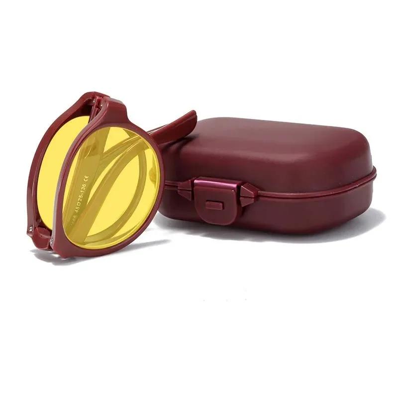 Men Women's Trendy Night Vision Glasses with Box Unisex Outdoor Foldable Sunglasses Retro Round Frame UV Protection Sun Glasses