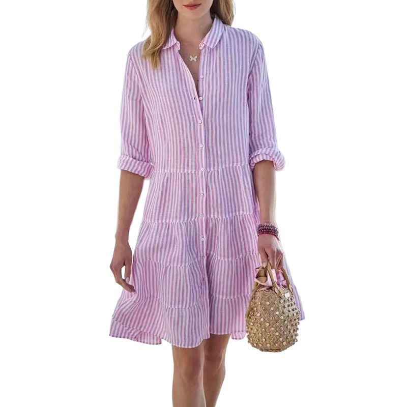 Women's Striped Cardigan Knee Length Shirt Long Sleeves Top