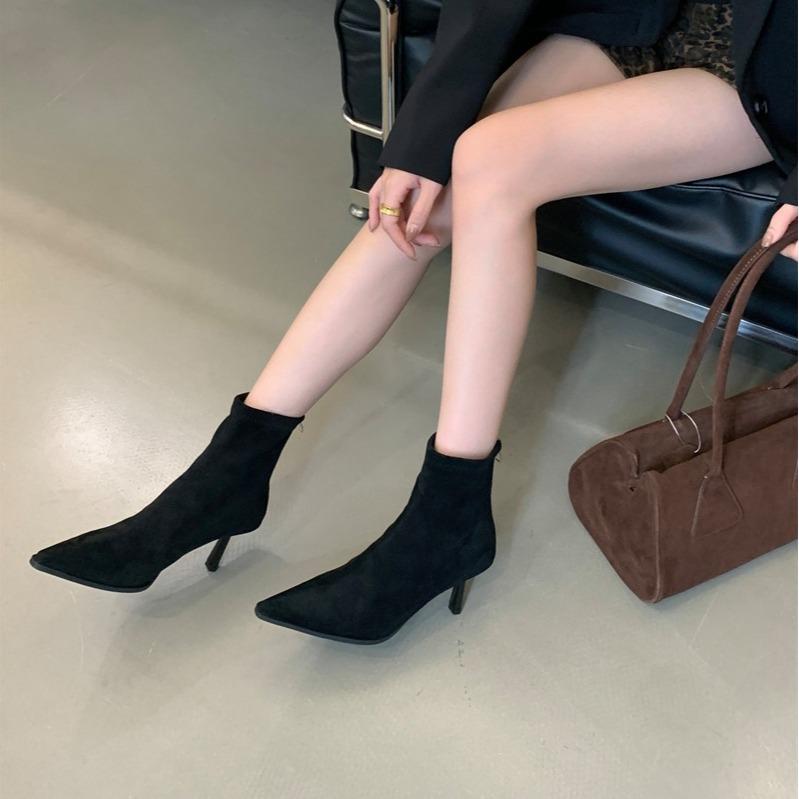Women's Autumn Suede Pointed Toe Stiletto High-heeled Ankle Boots Slim-fit Boots Korean Style All Match Short Boots