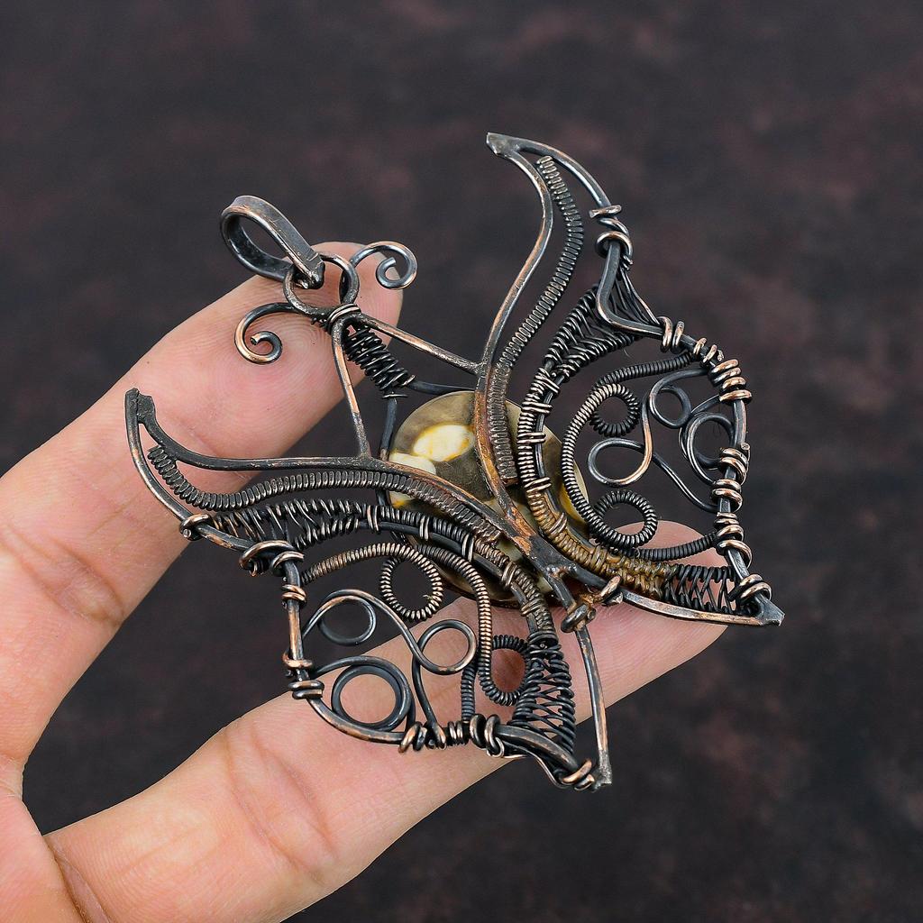 Peanut Wood Jasper Gemstone Pendant Copper Wire Wrapped Jewelry Butterfly Pendant Handmade Pendant Gifts For Him Copper Wire Wrapped Pendant