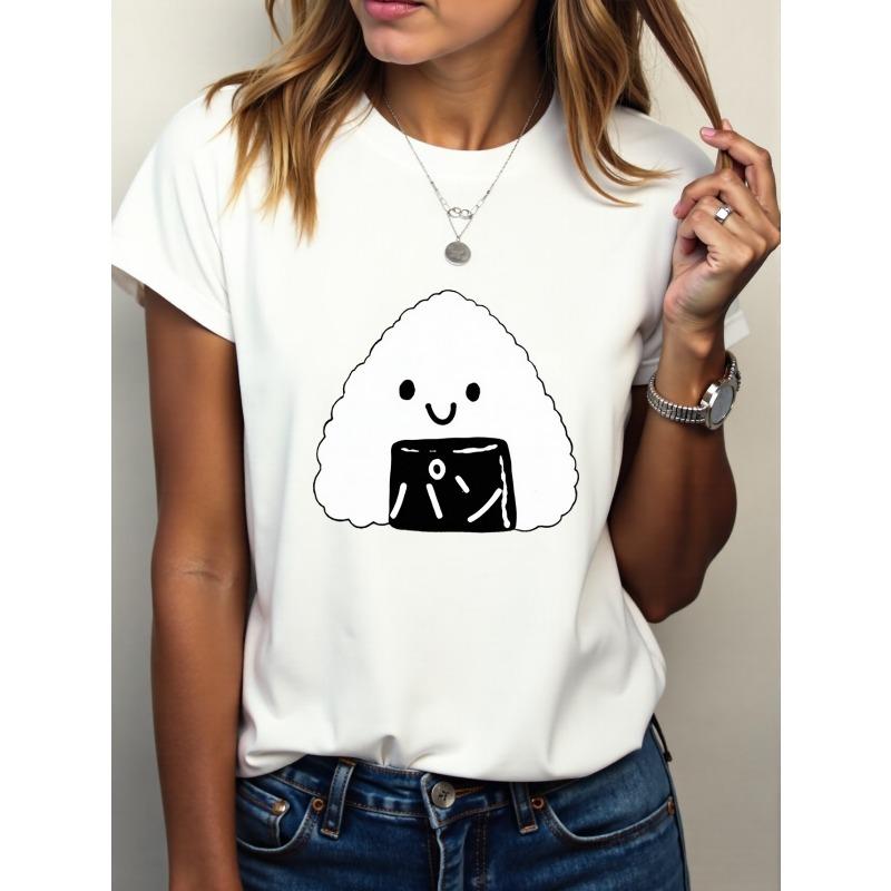 

[Rice Ball Print T-Shirt] Women s Rice Ball Print T-Shirt - Short Sleeve Round Neck Blouse-Compatible Top | Breathable Casual Shirt for Casual Attire S белый