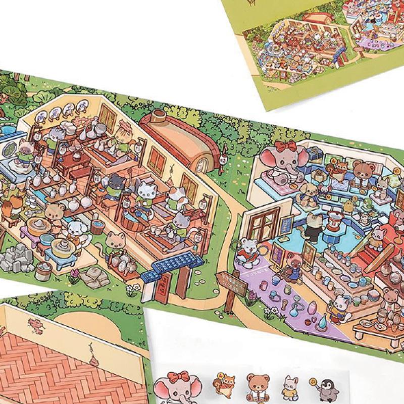 3Sheets/Bag Sticker Pack Kawaii Shop PET 2.5D Scenery Sticker For Scrapbook Journal Planner DIY Stationery Phone Case Decoration