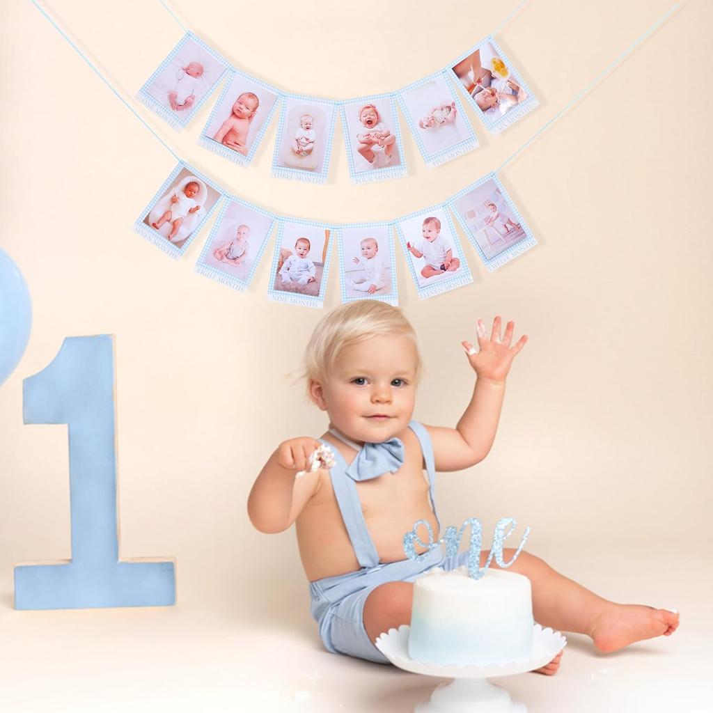 Newborn 1 To 12 Months Milestone Decorations - Simple Blue Monthly Banner, First Year Photos Hanging Banner, Boys One Birthday Decor (BLUE)